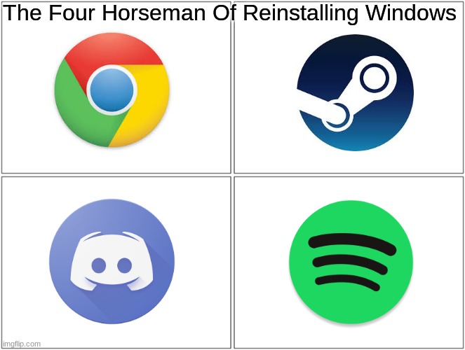 The Four Horseman Of         Reinstalling Windows | The Four Horseman Of Reinstalling Windows | image tagged in memes,blank comic panel 2x2,google,steam,discord,spotify | made w/ Imgflip meme maker