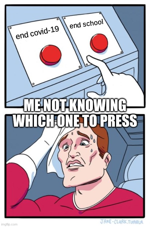 which button | end school; end covid-19; ME NOT KNOWING WHICH ONE TO PRESS | image tagged in memes,two buttons | made w/ Imgflip meme maker