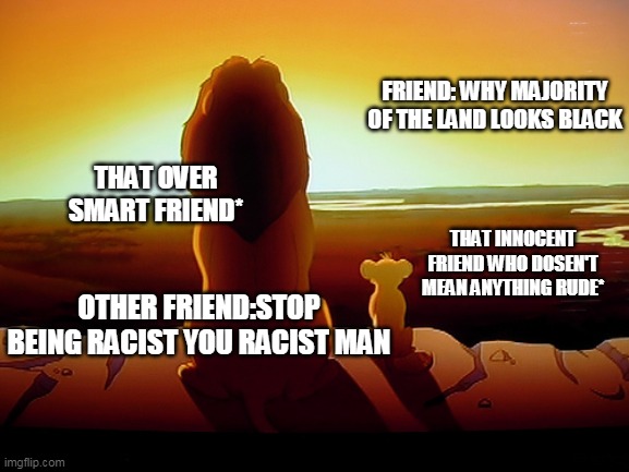 Lion King | FRIEND: WHY MAJORITY OF THE LAND LOOKS BLACK; THAT OVER SMART FRIEND*; THAT INNOCENT FRIEND WHO DOSEN'T MEAN ANYTHING RUDE*; OTHER FRIEND:STOP BEING RACIST YOU RACIST MAN | image tagged in memes,lion king | made w/ Imgflip meme maker