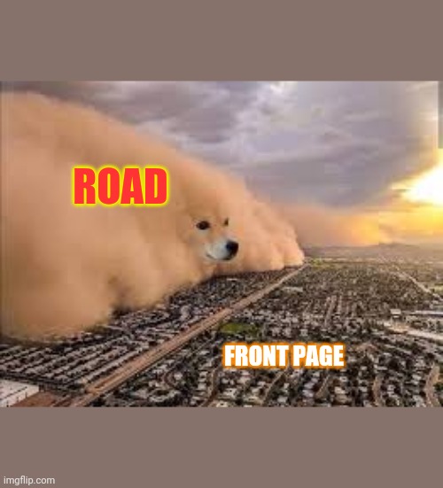 dog sandstorm | FRONT PAGE ROAD | image tagged in dog sandstorm | made w/ Imgflip meme maker