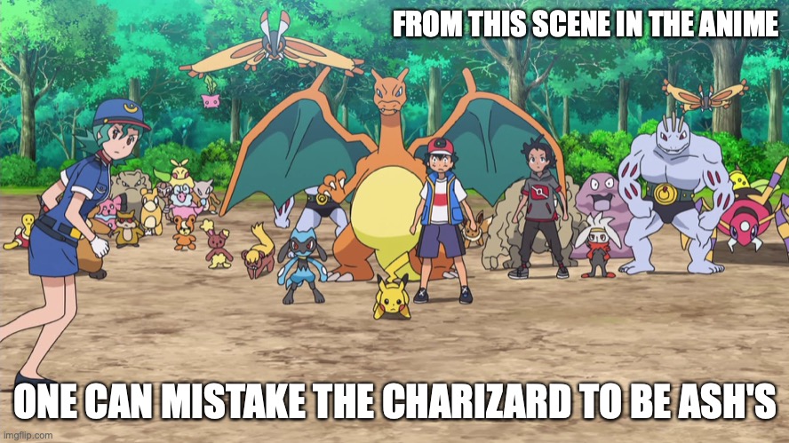 Ash and Goh Resucing Pokemon | FROM THIS SCENE IN THE ANIME; ONE CAN MISTAKE THE CHARIZARD TO BE ASH'S | image tagged in pokemon,memes,ash ketchum | made w/ Imgflip meme maker