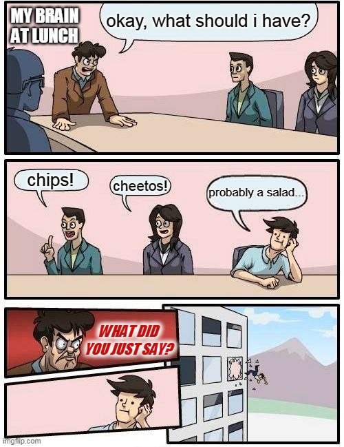 my brain at lunch | okay, what should i have? MY BRAIN AT LUNCH; chips! cheetos! probably a salad... WHAT DID YOU JUST SAY? | image tagged in memes,boardroom meeting suggestion,lunch,brain,food | made w/ Imgflip meme maker