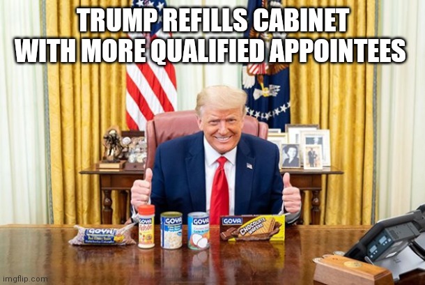 New cabinet | TRUMP REFILLS CABINET WITH MORE QUALIFIED APPOINTEES | image tagged in trump goya | made w/ Imgflip meme maker