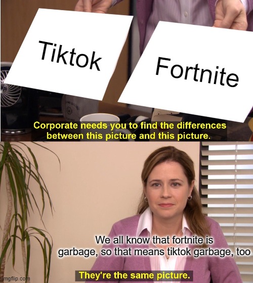 They're The Same Picture | Tiktok; Fortnite; We all know that fortnite is garbage, so that means tiktok garbage, too | image tagged in memes,they're the same picture | made w/ Imgflip meme maker