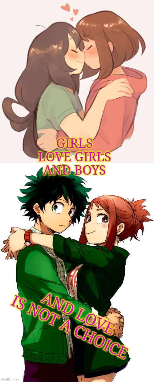 Song: Girls/Girls/Boys By: Panic At The Disco || Image: My Hero Academia Top: Uraraka x Tsuyu Bottom: Uraraka x Deku | GIRLS LOVE GIRLS AND BOYS; AND LOVE IS NOT A CHOICE | image tagged in singing,my hero academia,uraraka,tsuyu,deku | made w/ Imgflip meme maker