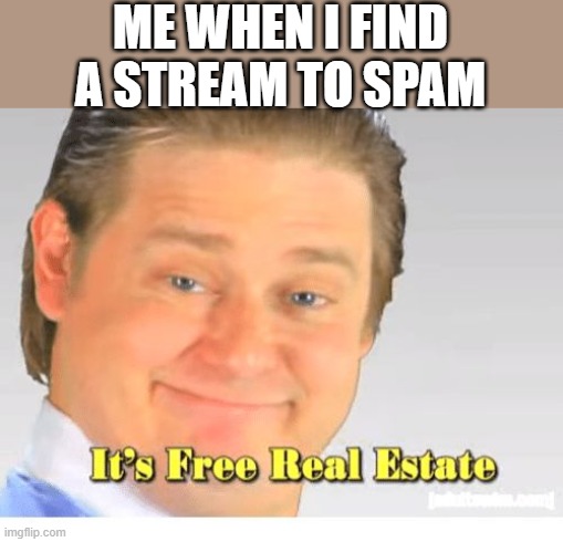 It's Free Real Estate | ME WHEN I FIND A STREAM TO SPAM | image tagged in it's free real estate,i'm 15 so don't try it,who reads these | made w/ Imgflip meme maker