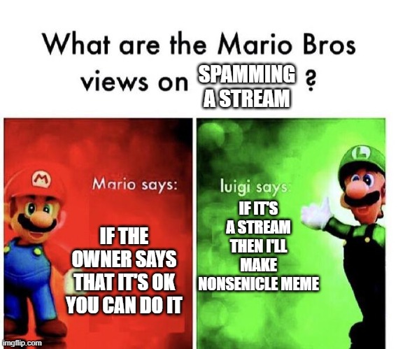 Mario Bros Views |  SPAMMING A STREAM; IF IT'S A STREAM THEN I'LL MAKE NONSENICLE MEME; IF THE OWNER SAYS THAT IT'S OK YOU CAN DO IT | image tagged in mario bros views,i'm 15 so don't try it,who reads these | made w/ Imgflip meme maker