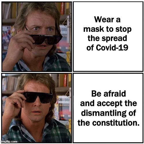 Wear a mask to stop the spread of Covid-19 Be afraid and accept the dismantling of the constitution. | made w/ Imgflip meme maker