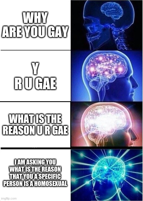 Expanding Brain Meme | WHY ARE YOU GAY; Y R U GAE; WHAT IS THE REASON U R GAE; I AM ASKING YOU WHAT IS THE REASON THAT YOU A SPECIFIC PERSON IS A HOMOSEXUAL | image tagged in memes,expanding brain | made w/ Imgflip meme maker