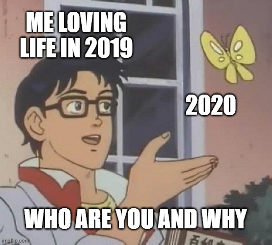Is This A Pigeon | ME LOVING LIFE IN 2019; 2020; WHO ARE YOU AND WHY | image tagged in memes,is this a pigeon | made w/ Imgflip meme maker