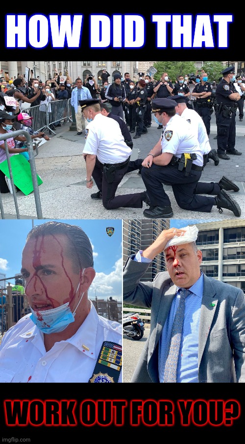HOW DID THAT; WORK OUT FOR YOU? | image tagged in narrow black strip background,memes,protesters,nypd chief kneels,attack | made w/ Imgflip meme maker