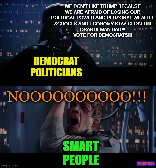 Star Wars No | WE DON'T LIKE TRUMP BECAUSE
WE ARE AFRAID OF LOSING OUR
POLITICAL POWER AND PERSONAL WEALTH.
SCHOOLS AND ECONOMY STAY CLOSED!!!
ORANGEMAN BAD!!!
VOTE FOR DEMOCRATS!!! DEMOCRAT POLITICIANS; NOOOOOOOOOO!!! SMART PEOPLE; TRUMP 2020 | image tagged in star wars no,hillary for prison,cnn fake news,wake up,sheeple,trump 2020 | made w/ Imgflip meme maker