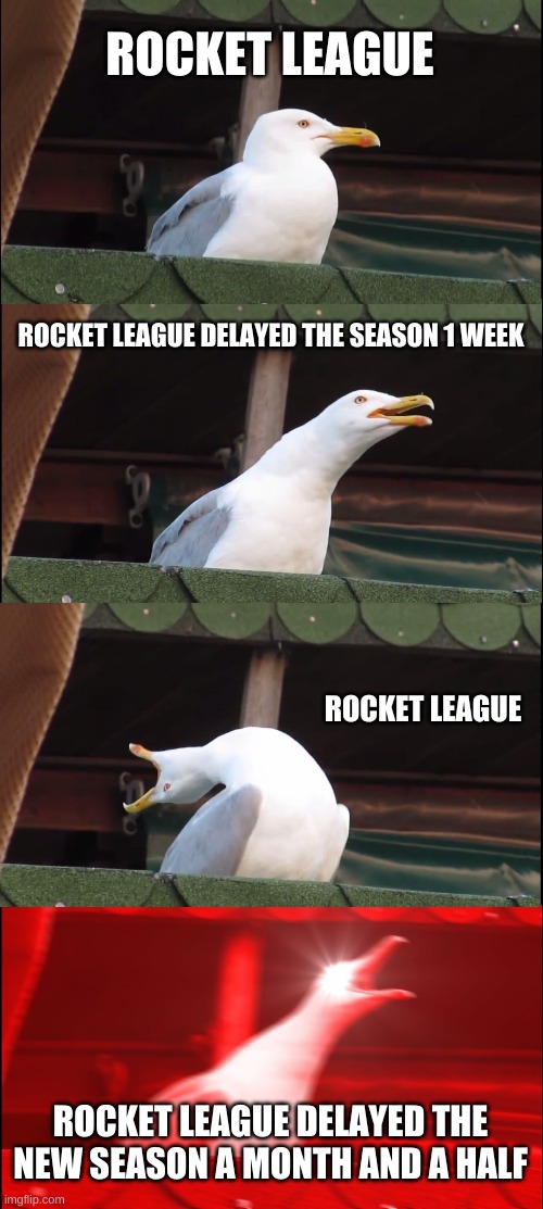 Inhaling Seagull | ROCKET LEAGUE; ROCKET LEAGUE DELAYED THE SEASON 1 WEEK; ROCKET LEAGUE; ROCKET LEAGUE DELAYED THE NEW SEASON A MONTH AND A HALF | image tagged in memes,inhaling seagull | made w/ Imgflip meme maker
