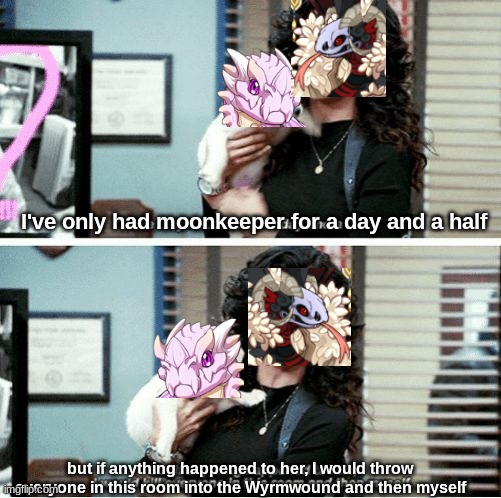 Rogue's opinion on Moonkeeper | I've only had moonkeeper for a day and a half; but if anything happened to her, I would throw everyone in this room into the Wyrmwound and then myself | image tagged in i've only had blank for a day | made w/ Imgflip meme maker