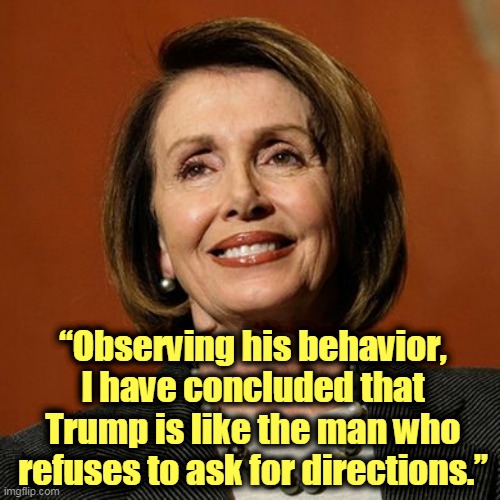 Nailed it. Again. | “Observing his behavior, I have concluded that Trump is like the man who refuses to ask for directions.” | image tagged in nancy pelosi,trump,stupid | made w/ Imgflip meme maker