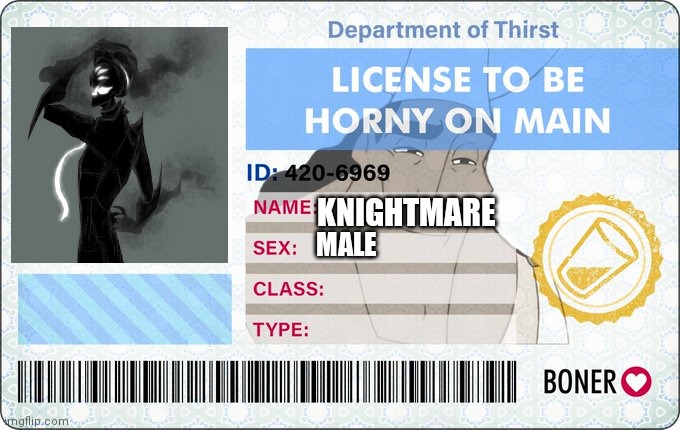 License To Be Horny On Main | MALE; KNIGHTMARE | image tagged in license to be horny on main | made w/ Imgflip meme maker