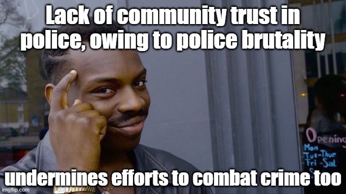 Want to fight crime? Ensure the force tasked with fighting crime is broadly trusted. | Lack of community trust in police, owing to police brutality; undermines efforts to combat crime too | image tagged in memes,roll safe think about it,crime,police,police brutality,thinking black guy | made w/ Imgflip meme maker