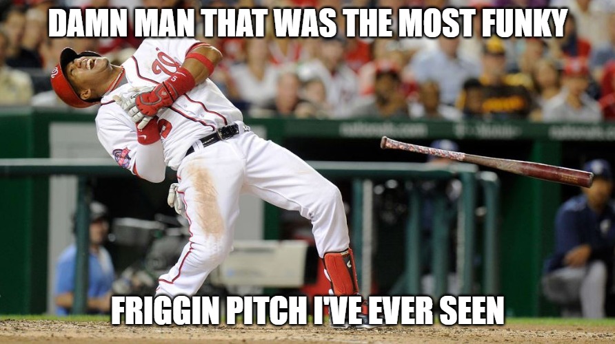 Cracking me up | DAMN MAN THAT WAS THE MOST FUNKY; FRIGGIN PITCH I'VE EVER SEEN | image tagged in baseball,sports,memes,fun,funny,funny memes | made w/ Imgflip meme maker