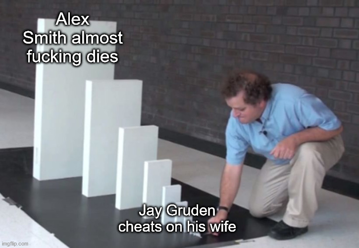 Domino Effect | Alex Smith almost fucking dies; Jay Gruden cheats on his wife | image tagged in domino effect | made w/ Imgflip meme maker