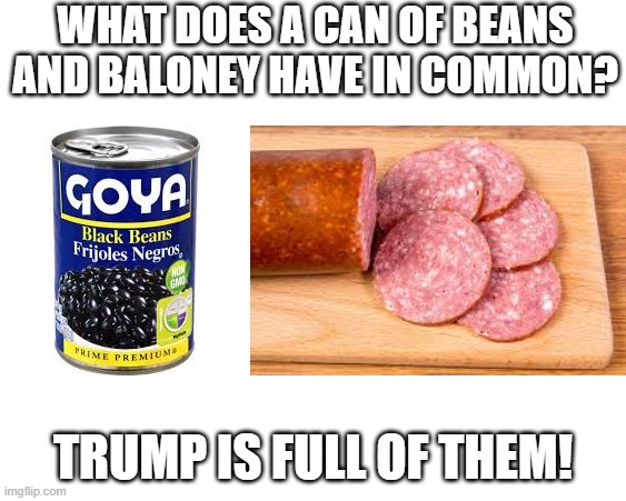 WHAT DOES A CAN OF BEANS AND BALONEY HAVE IN COMMON? TRUMP IS FULL OF THEM! | image tagged in memes,trump,goya beans,baloney | made w/ Imgflip meme maker