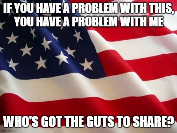 american flag support | IF YOU HAVE A PROBLEM WITH THIS,
YOU HAVE A PROBLEM WITH ME; WHO'S GOT THE GUTS TO SHARE? | image tagged in american flag | made w/ Imgflip meme maker