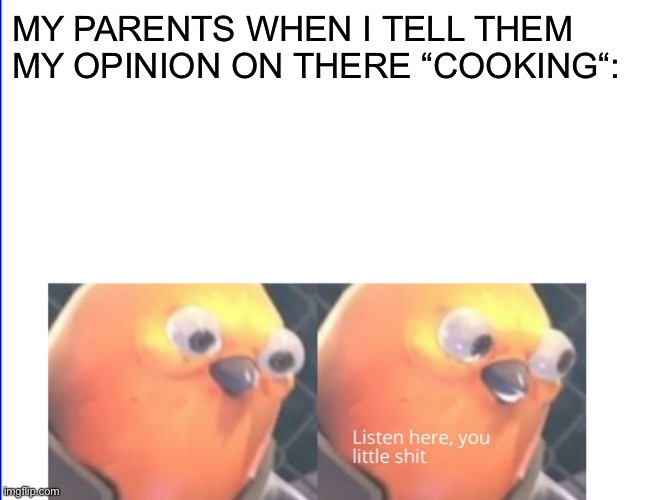 Le food | MY PARENTS WHEN I TELL THEM MY OPINION ON THERE “COOKING“: | image tagged in listen here you little shit,food,disgusting | made w/ Imgflip meme maker