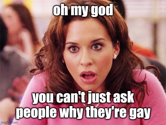 Gretchen Weiners | oh my god you can't just ask people why they're gay | image tagged in gretchen weiners | made w/ Imgflip meme maker