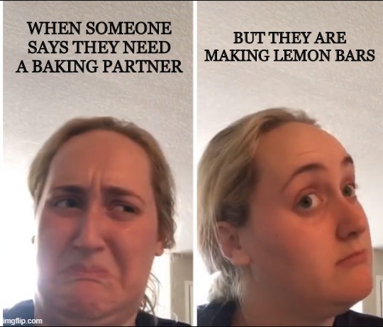 Kombucha Girl | WHEN SOMEONE SAYS THEY NEED A BAKING PARTNER; BUT THEY ARE MAKING LEMON BARS | image tagged in kombucha girl | made w/ Imgflip meme maker