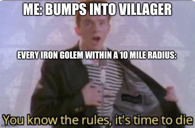 You Know The Rules, It's Time To Die | ME: BUMPS INTO VILLAGER; EVERY IRON GOLEM WITHIN A 10 MILE RADIUS: | image tagged in you know the rules it's time to die | made w/ Imgflip meme maker