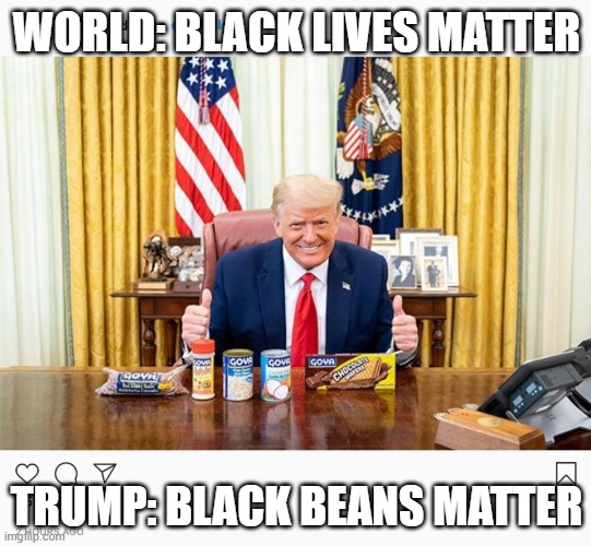 WORLD: BLACK LIVES MATTER; TRUMP: BLACK BEANS MATTER | image tagged in trump,donald trump,goya | made w/ Imgflip meme maker