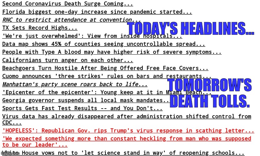 Death Tolls | TODAY'S HEADLINES... TOMORROW'S DEATH TOLLS. | image tagged in trump | made w/ Imgflip meme maker