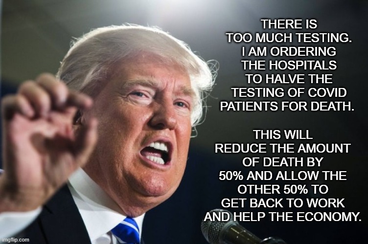 Reduce Testing! | THIS WILL REDUCE THE AMOUNT OF DEATH BY 50% AND ALLOW THE OTHER 50% TO GET BACK TO WORK AND HELP THE ECONOMY. THERE IS TOO MUCH TESTING. I AM ORDERING THE HOSPITALS TO HALVE THE TESTING OF COVID PATIENTS FOR DEATH. | image tagged in donald trump | made w/ Imgflip meme maker