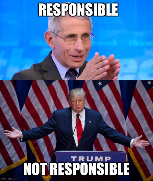 RESPONSIBLE; NOT RESPONSIBLE | image tagged in donald trump,dr fauci 2020 | made w/ Imgflip meme maker