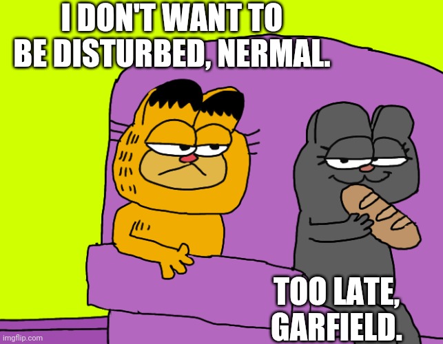 Nermal Disturbs Garfield | I DON'T WANT TO BE DISTURBED, NERMAL. TOO LATE, GARFIELD. | image tagged in nermal disturbs garfield | made w/ Imgflip meme maker