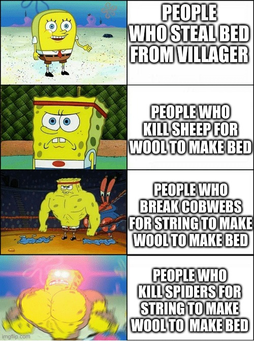 Sponge Finna Commit Muder | PEOPLE WHO STEAL BED FROM VILLAGER; PEOPLE WHO KILL SHEEP FOR WOOL TO MAKE BED; PEOPLE WHO BREAK COBWEBS FOR STRING TO MAKE WOOL TO MAKE BED; PEOPLE WHO KILL SPIDERS FOR STRING TO MAKE WOOL TO  MAKE BED | image tagged in sponge finna commit muder | made w/ Imgflip meme maker
