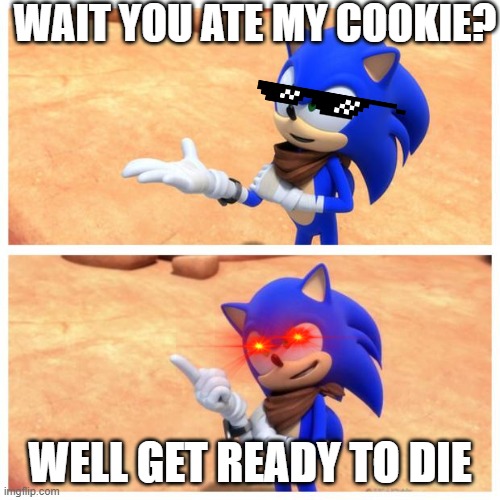 dont steal sonics cookies | WAIT YOU ATE MY COOKIE? WELL GET READY TO DIE | image tagged in sonic boom | made w/ Imgflip meme maker