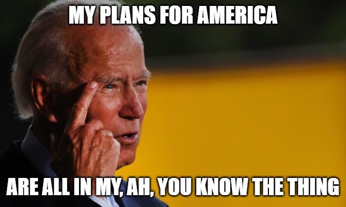Plans | MY PLANS FOR AMERICA; ARE ALL IN MY, AH, YOU KNOW THE THING | image tagged in biden,memes,fun,funny,2020,mind | made w/ Imgflip meme maker