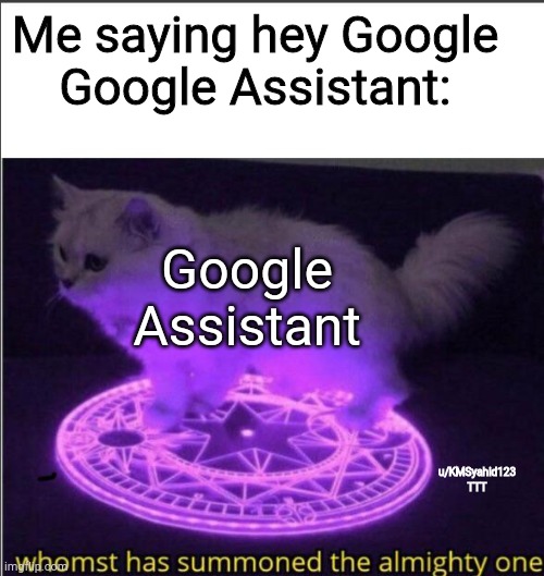 Who has summoned the almighty one | Me saying hey Google
Google Assistant:; Google Assistant; u/KMSyahid123
TTT | image tagged in who has summoned the almighty one | made w/ Imgflip meme maker