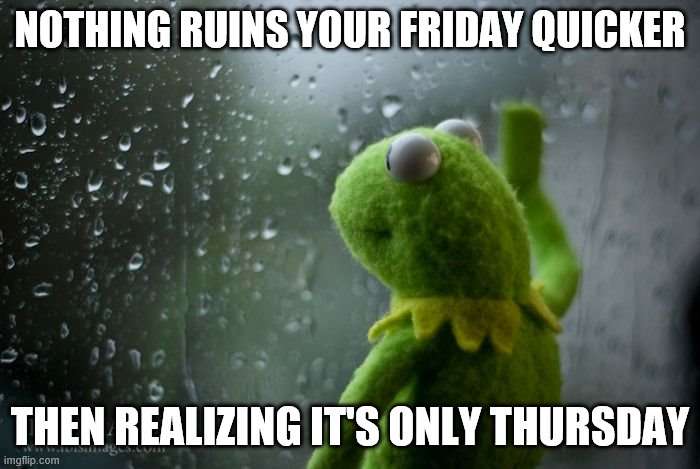 kermit window | NOTHING RUINS YOUR FRIDAY QUICKER; THEN REALIZING IT'S ONLY THURSDAY | image tagged in kermit window | made w/ Imgflip meme maker