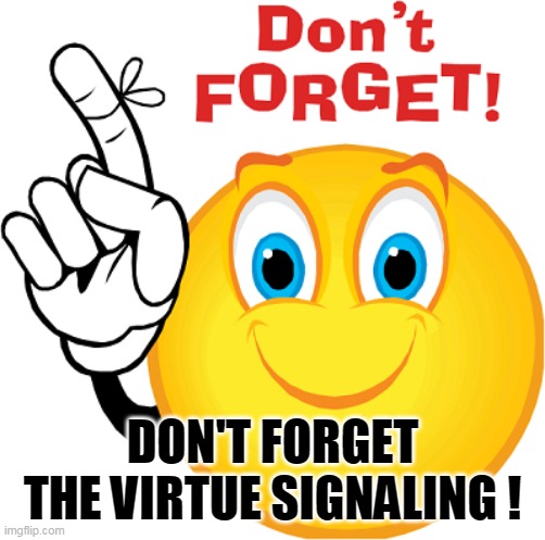 don't forget | DON'T FORGET THE VIRTUE SIGNALING ! | image tagged in don't forget | made w/ Imgflip meme maker