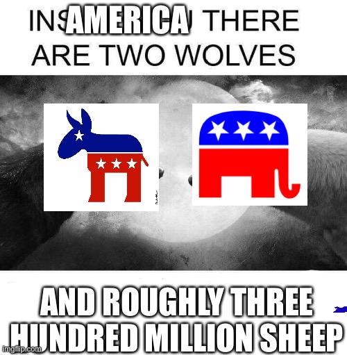 Inside you there are two wolves | AMERICA; AND ROUGHLY THREE HUNDRED MILLION SHEEP | image tagged in inside you there are two wolves | made w/ Imgflip meme maker