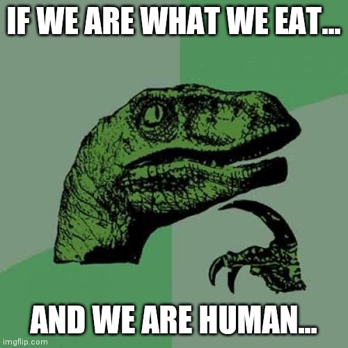 oh no | IF WE ARE WHAT WE EAT... AND WE ARE HUMAN... | image tagged in memes,philosoraptor | made w/ Imgflip meme maker