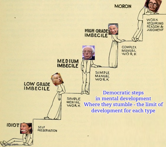 Democratic Steps In Mental Development | Democratic steps in mental development

Where they stumble - the limit of development for each type | image tagged in good old nancy pelosi,chuck schumer crying,wtf bernie sanders,crazy aoc,creepy joe biden,morons | made w/ Imgflip meme maker