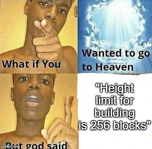 minecraft be like | "Height limit for building is 256 blocks" | image tagged in what if you wanted to go to heaven | made w/ Imgflip meme maker