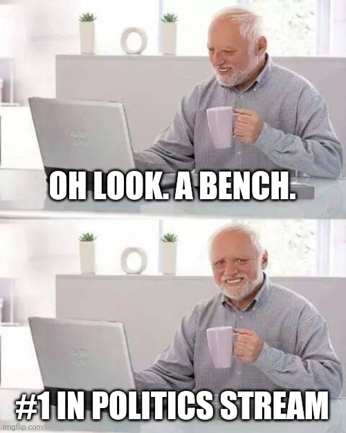 Hide the Pain Harold Meme | OH LOOK. A BENCH. #1 IN POLITICS STREAM | image tagged in memes,hide the pain harold | made w/ Imgflip meme maker