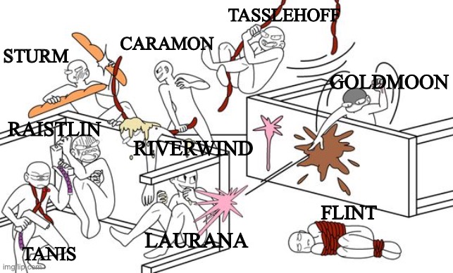 TASSLEHOFF; CARAMON; STURM; GOLDMOON; RAISTLIN; RIVERWIND; FLINT; LAURANA; TANIS | made w/ Imgflip meme maker