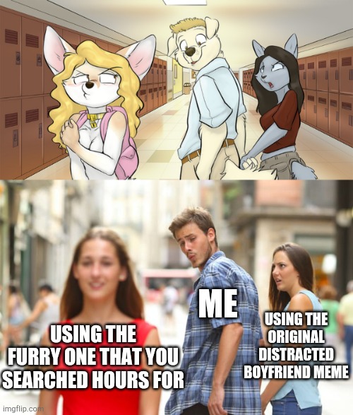 No title | ME; USING THE FURRY ONE THAT YOU SEARCHED HOURS FOR; USING THE ORIGINAL DISTRACTED BOYFRIEND MEME | image tagged in memes,distracted boyfriend,distracted boyfriend furry,furry,furries,funny | made w/ Imgflip meme maker