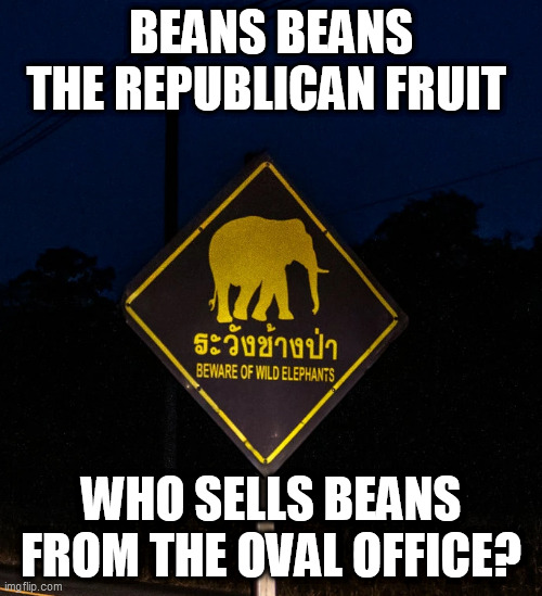 Magic Elephant Stories | BEANS BEANS THE REPUBLICAN FRUIT; WHO SELLS BEANS FROM THE OVAL OFFICE? | image tagged in goya,beans,oval office,republicans,free market,socialism | made w/ Imgflip meme maker