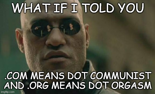 Matrix Morpheus | WHAT IF I TOLD YOU; .COM MEANS DOT COMMUNIST AND .ORG MEANS DOT ORGASM | image tagged in memes,matrix morpheus | made w/ Imgflip meme maker