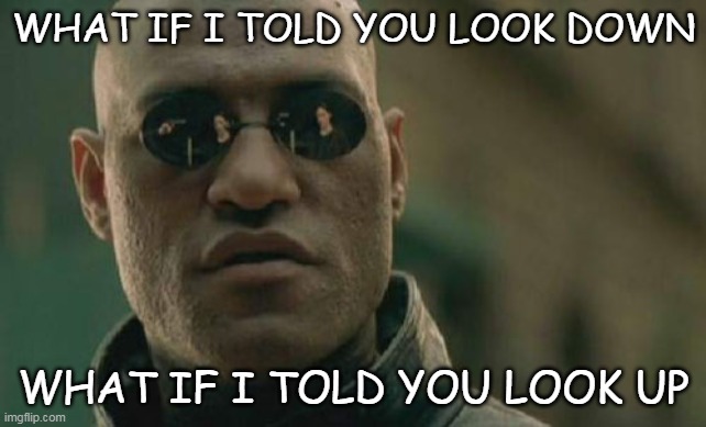 Matrix Morpheus Meme | WHAT IF I TOLD YOU LOOK DOWN; WHAT IF I TOLD YOU LOOK UP | image tagged in memes,matrix morpheus | made w/ Imgflip meme maker